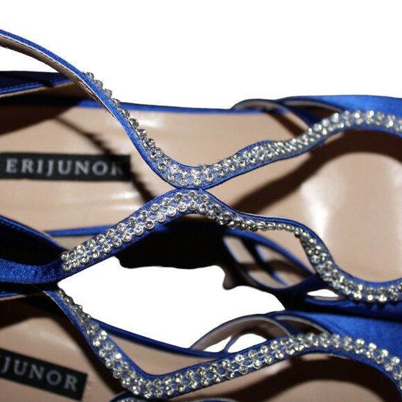 ERIJUNOR Comfort Low Heel Closed-Toe Ankle Strap Blue Satin Rhinestones 8, NIB - Picture 7 of 14